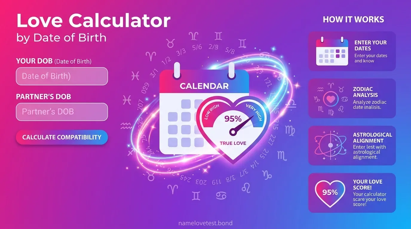 Love Calculator by Date of Birth showing a dynamic progress circle with compatibility score and 4-dimension breakdown